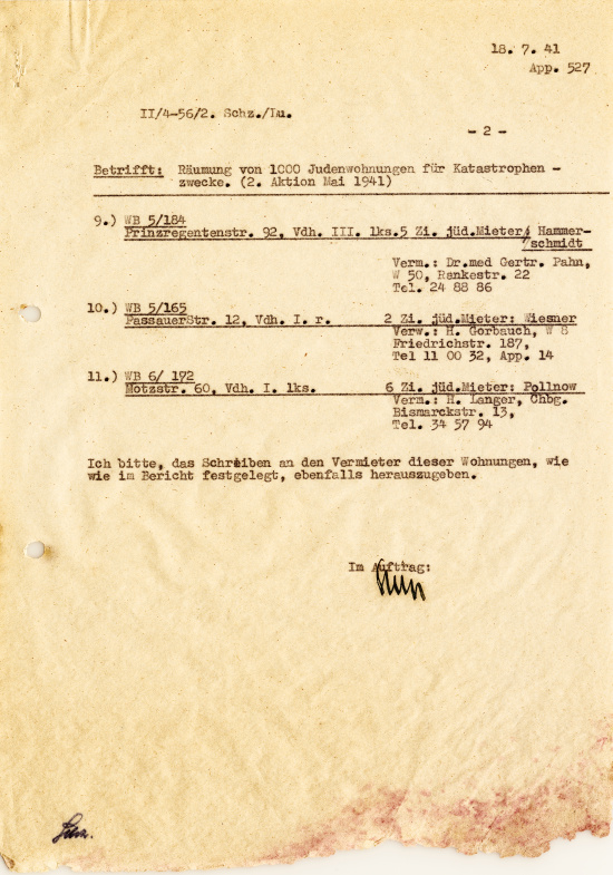 List of vacated “Jew homes” following the second GBI “eviction action”, July 18, 1941. Source: Landesarchiv Berlin, A Pr. Br. Rep. 107 No. 384