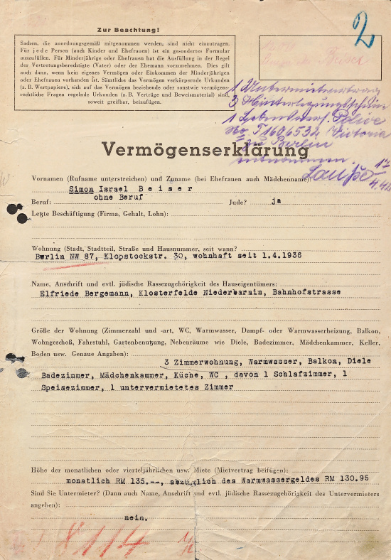 Declaration of assets by Simon Beiser, Klopstockstraße 30, Berlin, March 30, 1942. Source: BLHA, Rep. 36A (II) No. 2448