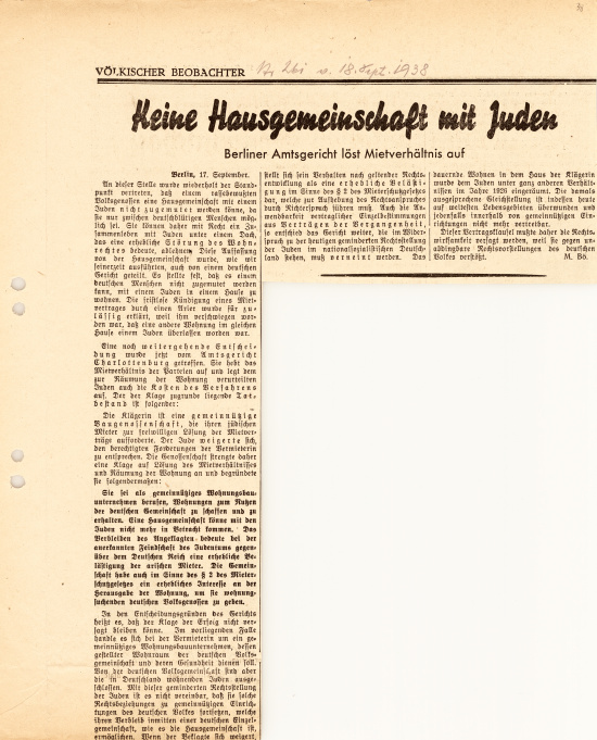 “No house communities with Jews”. Source: Article in the Völkischer Beobachter, September 18, 1938, Landesarchiv Berlin, A Rep. 009 No. 250