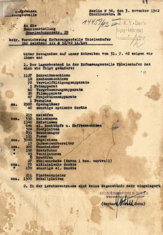 Letter from the Jewish Cultural Association Berlin, Utility Provision to Legal Department, November 3, 1942. Source: Stiftung neue Synagoge Berlin – Centrum Judaicum, CJA 1 A Be 2 No. 123 #352 p. 41