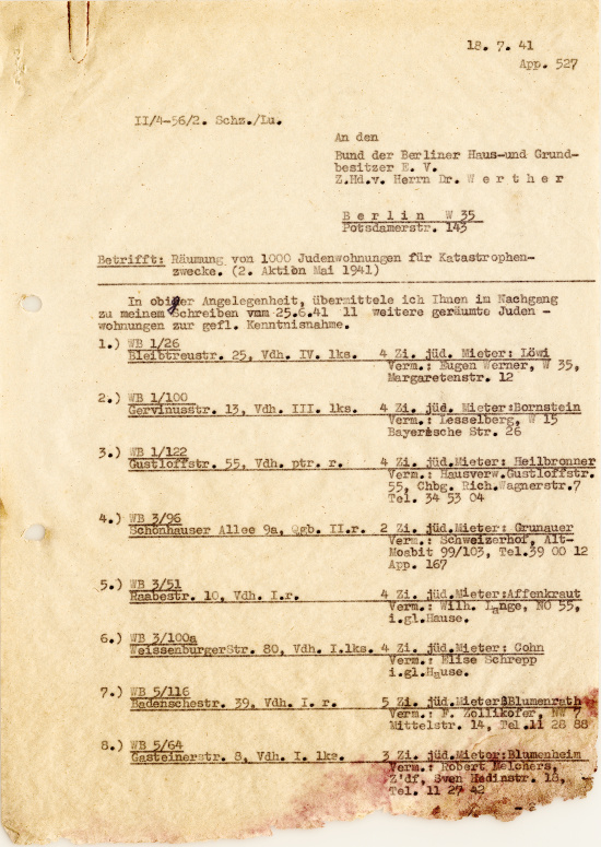 List of vacated “Jew homes” following the second GBI “eviction action”, July 18, 1941. Source: Landesarchiv Berlin, A Pr. Br. Rep. 107 No. 384