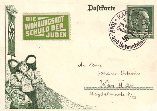 “Housing shortage – Jews to blame”, letter sticker, 1938. Source: Stamped letter, Sammlung Haney/DHM