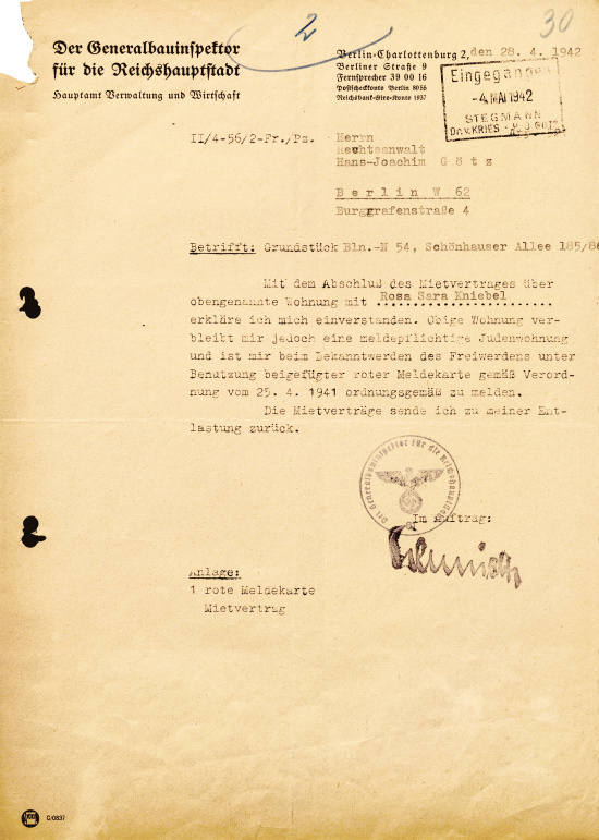 GBI authorization of a subtenancy in compulsory housing, April 28, 1942. Source: BLHA, Rep. 36A (II) No.19636