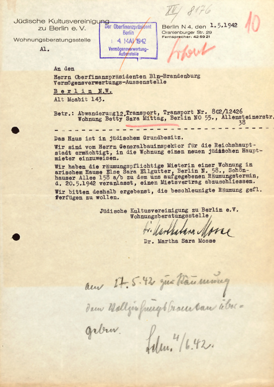 Letter from Dr. Martha Mosse on the allocation of housing to a Jewish tenant in the property at Allensteiner Straße 38, May 1, 1942. Source: BLHA, Rep. 36A (II) No. 27113