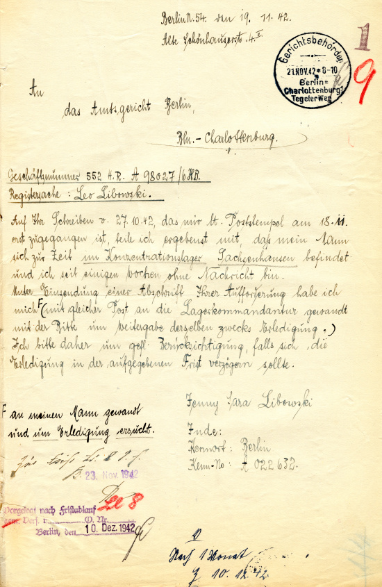 Letter from Jenny Libowski to the Berlin district court, November 19, 1942. Source: Landesarchiv Berlin, A Rep. 342-02 No. 31989