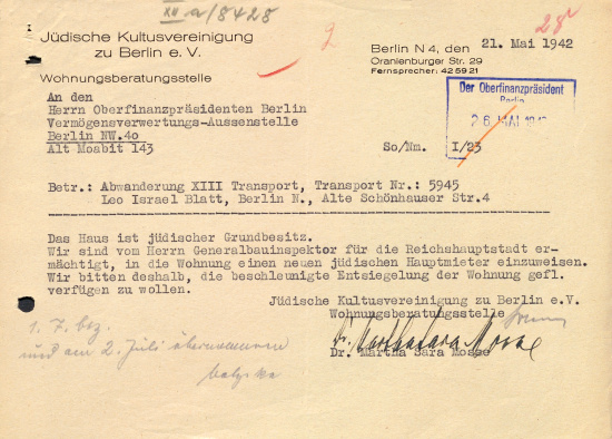 Letter from Dr. Martha Mosse to the Chief of Finance, May 21, 1942. Source: BLHA, Rep. 36A (II) No. 4062