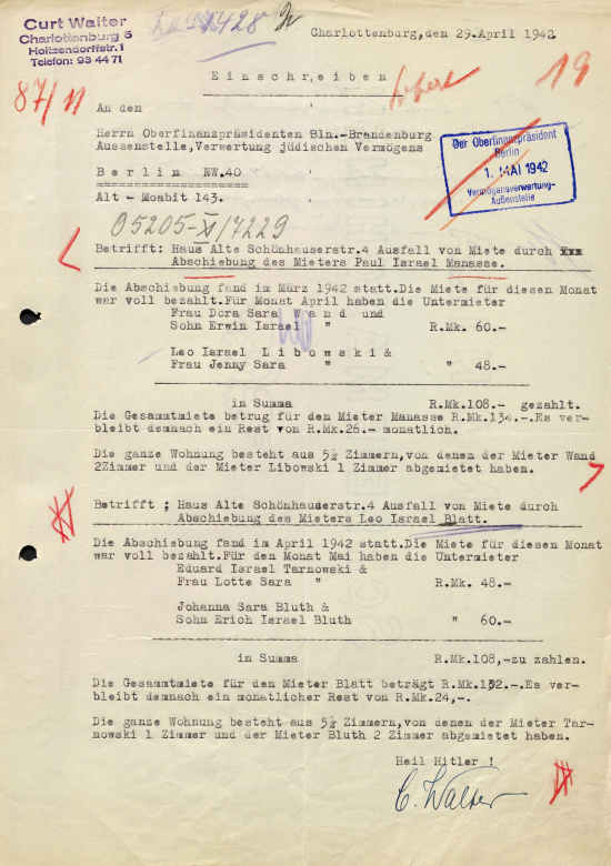 Letter from the property manager to the Chief of Finance, claiming rental payments from the deported residents, April 29, 1942. Source: BLHA, Rep. 36A (II) No. 4062