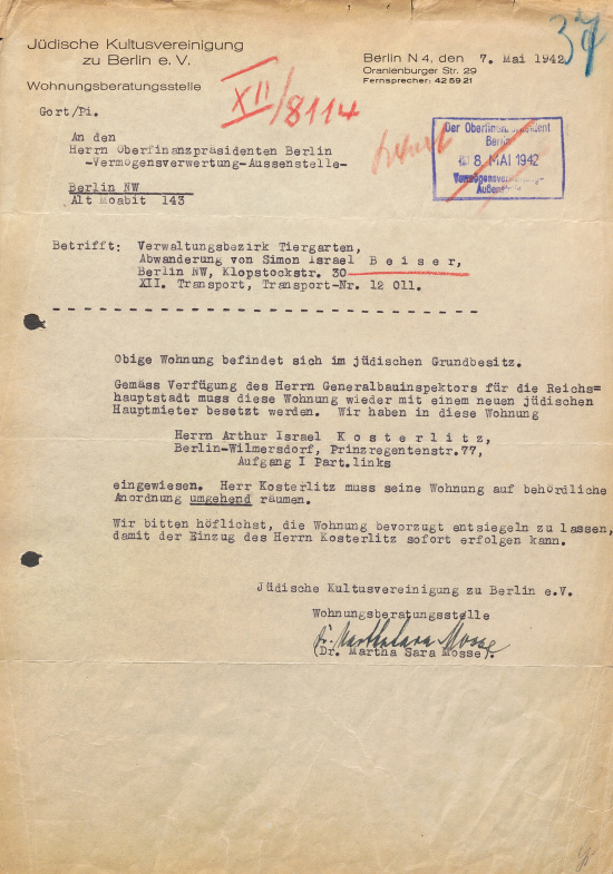 Schreiben von Martha Mosse, Leiterin der Wohnungsberatungsstelle der Jüdischen Gemeinde an den Oberfinanzpräsidenten Berlin, 7. Mai 1942. Quelle: BLHA, Rep. 36A (II) Nr. 2448  