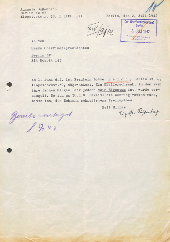 Brief der nichtjüdischen Haushälterin Auguste Süßenbach an den Oberfinanzpräsidenten, in dem sie einen Schrank aus dem versiegelten Zimmer von Lotte Reich zurückfordert, 2. Juli 1942. Quelle: BLHA, Rep. 36A (II) Nr. 30755