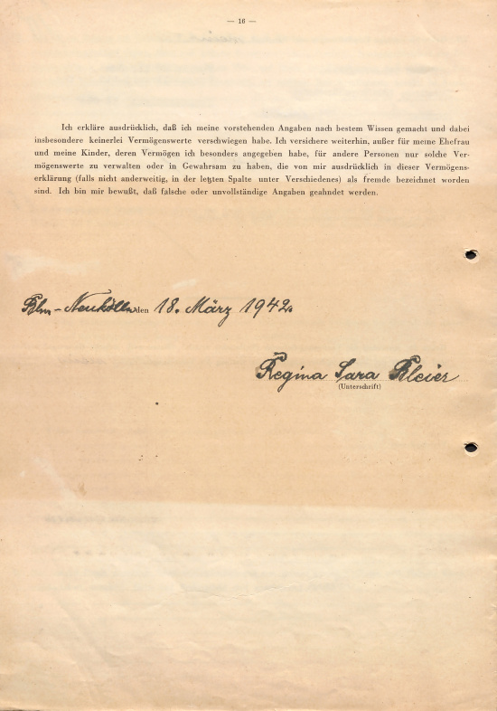 Letzte Seite der Vermögenserklärung von Regina Bleier, unterschrieben am 18. März 1942, wenige Tage vor ihrem Suizid. Quelle: BLHA Rep. 36A (II) Nr. 3838  