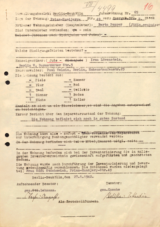 Formular der Neuköllner Bezirksverwaltung, 27. Januar 1942. Quelle: BLHA Rep. 36A (II) Nr. 30100  