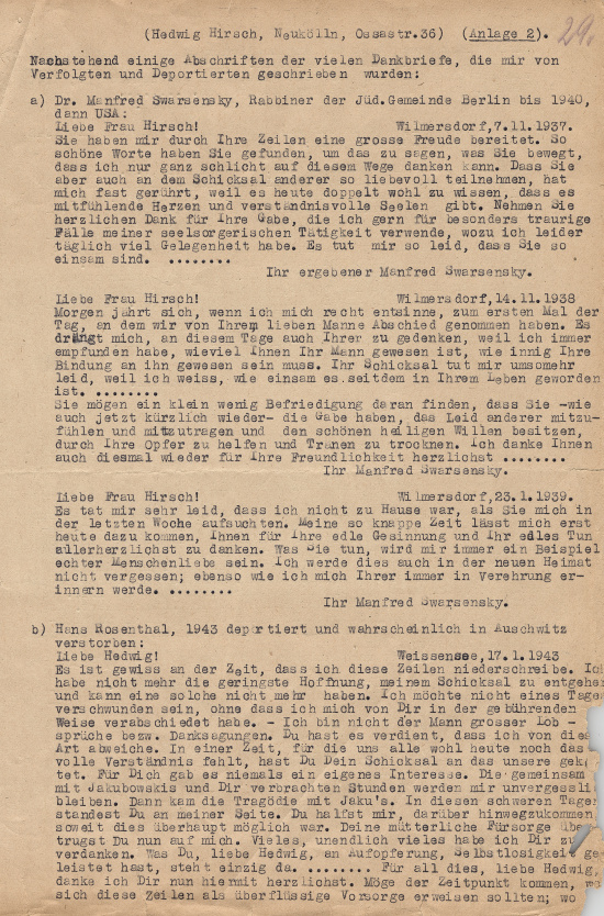 Farewell letter from Hans Rosenthal to Hedwig Hirsch, January 17, 1943 (typewritten copy from Hedwig Hirsch’s compensation file). Source: Landesarchiv Berlin, B Rep. 078 No. 563, p. 29