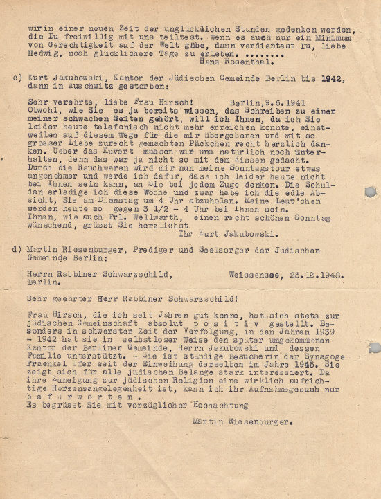 Farewell letter from Hans Rosenthal to Hedwig Hirsch, January 17, 1943 (typewritten copy from Hedwig Hirsch’s compensation file). Source: Landesarchiv Berlin, B Rep. 078 No. 563, p. 29