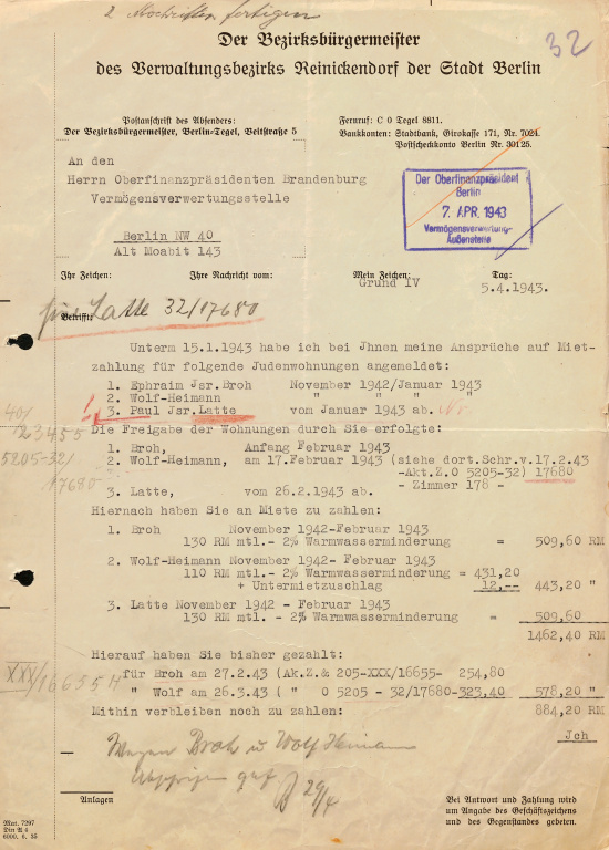 Schreiben des Bezirksbürgermeisters von Berlin-Reinickendorf an die Vermögensverwertungsstelle beim Oberfinanzpräsidenten, 5. April 1943. Quelle: BLHA, Rep. 36A (II) Nr. 21334