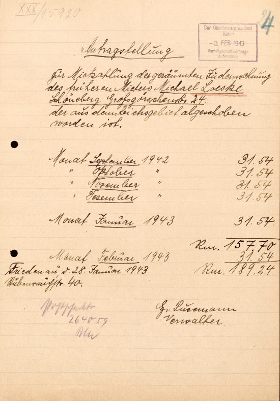 Nachforderungen der Hausverwalterin Gertrud Püsemann nach der Deportation eines Bewohners aus der Großgörschenstraße 24, 28. Januar 1943. Quelle: BLHA, Rep. 36A (II) Nr. 23926, Akte von Michael Loeske