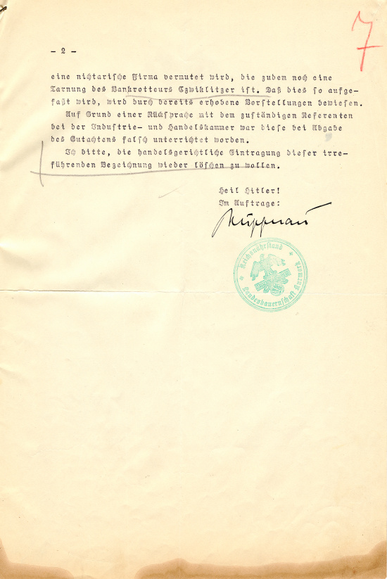Else Czwiklitzer wird aufgefordert, den Namen ihres Unternehmens „Likör- und Weinhandlung Brauner Weg 100 Else Czwiklitzer“ zu ändern, 7. Februar 1935. Quelle: Landesarchiv Berlin, A Rep. 342-02 Nr. 44273