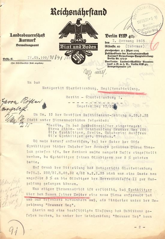 Else Czwiklitzer wird aufgefordert, den Namen ihres Unternehmens „Likör- und Weinhandlung Brauner Weg 100 Else Czwiklitzer“ zu ändern, 7. Februar 1935. Quelle: Landesarchiv Berlin, A Rep. 342-02 Nr. 44273
