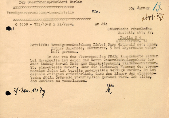 Der Generalbauinspektor (GBI) weist Ludwig Katz in die vormalige Wohnung von Lisbet Grünwald ein, 30. Januar 1942. Quelle: BLHA, Rep. 36A (II) Nr. 12930