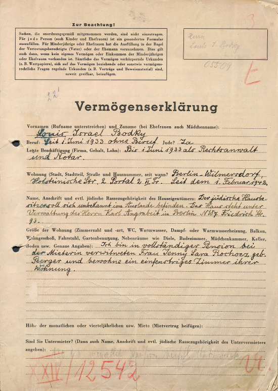 Vermögenserklärung von Louis Bodky, 5. August 1942. Quelle: BLHA, Rep. 36A (II) Nr. 12542