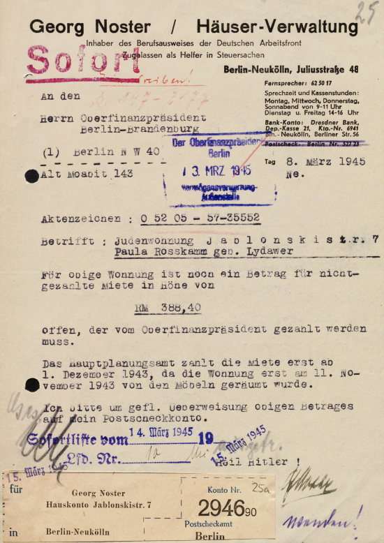 Schreiben des Hausverwalters Georg Noster mit der Aufforderung zur Mietzahlung, 8. März 1945. Quelle: BLHA, 36 A(II) Nr. 32185