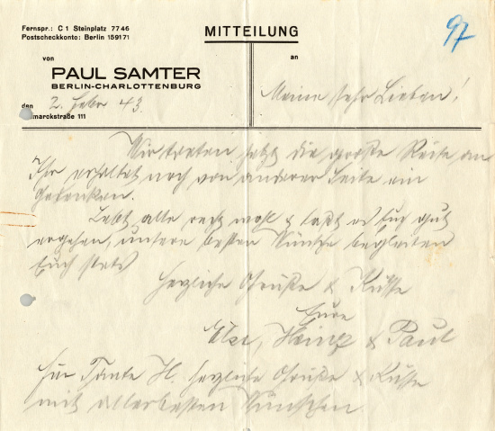Farewell letter from Paul Samter to his brother Franz Samter, February 2, 1943. Source: Landesarchiv Berlin, B Rep. 025-03 No. 258-260/60