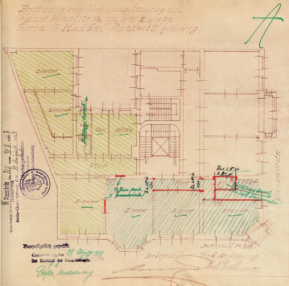 Ground plan of the 3rd floor at Kleiststraße 36, August 31, 1933