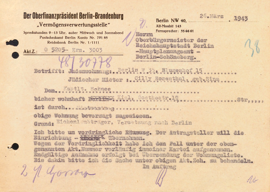 Anweisung des Oberfinanzpräsidenten an den Oberbürgermeister von Berlin, 26. März 1943. Quelle: BLHA, 36A (II) Nr. 31911