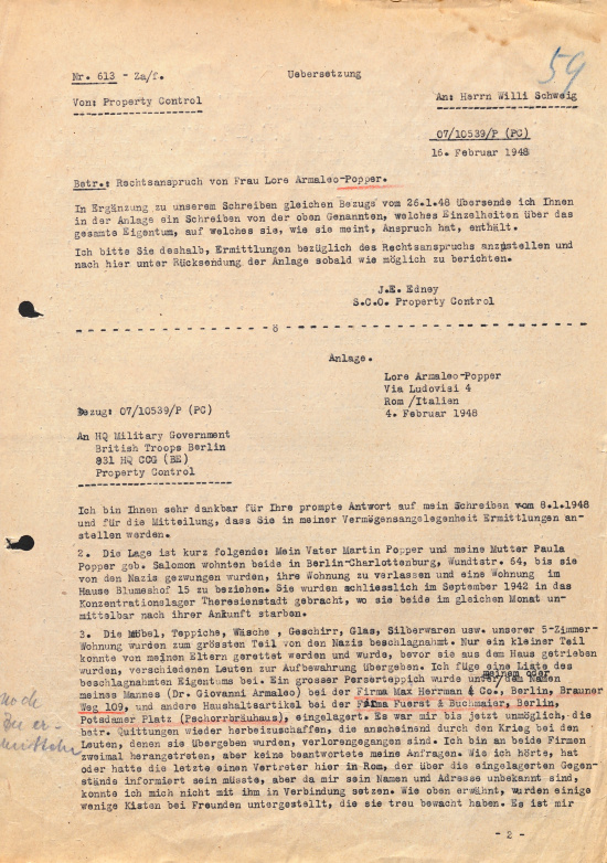 Schreiben von Lore Armaleo-Popper, Tochter von Martin und Paula Popper, an das Hauptquartier der britischen Militärregierung in Berlin, 16. Februar 1948. Quelle: BLHA, Rep. 36 A (II) Nr. 30106