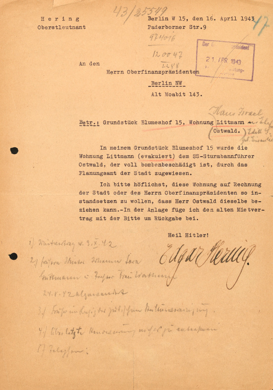 Schreiben des Hausbesitzers Edgar Hering an den Oberfinanzpräsidenten, 16. April 1943. Quelle: BLHA, Rep. 36A (II) Nr. 23766