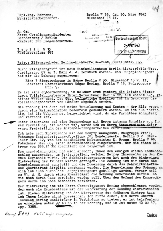 Schreiben des neuen Mieters Magistratbaurat Behrens an den Oberfinanzpräsidenten (OFP), 30. März 1943. Quelle: BLHA, Rep. 36A (II) Nr. 35127