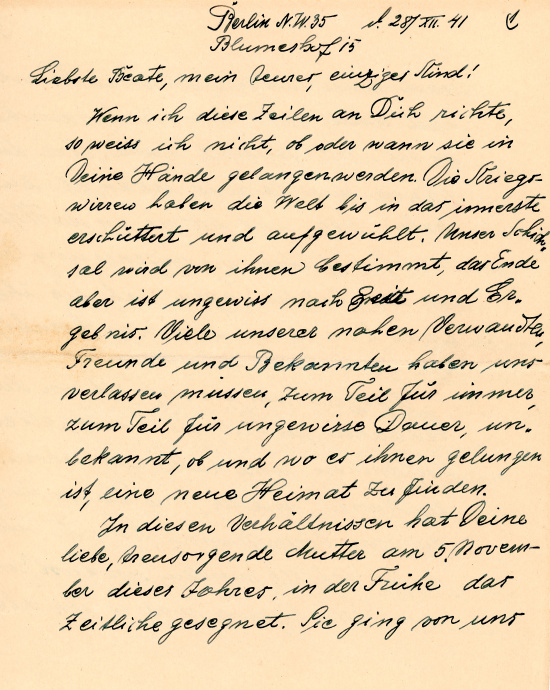Brief von Alexander Beer an seine Tochter Beate, 28. Dezember 1941. Quelle: Sydney Jewish Museum Collection, Schenkung von BeateHammett, M2016/040:001a