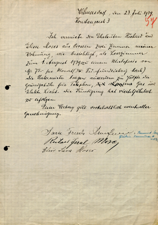 Handschriftlicher Untermietvertrag zwischen Frieda Friederike Aronheim und dem Ehepaar Moses, 23. Juli 1939. Quelle: BLHA, Rep 36A (II) Nr. 1104