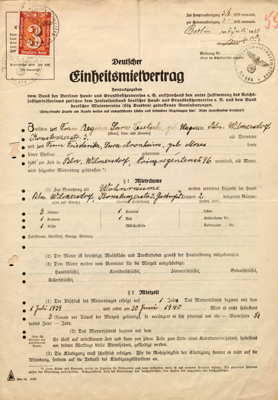 „Deutscher Einheitsmietvertrag“ zwischen der Hausbesitzerin Regina Deutsch und Frieda Friederike Aronheim, 7. Juli 1939. Quelle: BLHA, Rep 36A (II) Nr. 1104