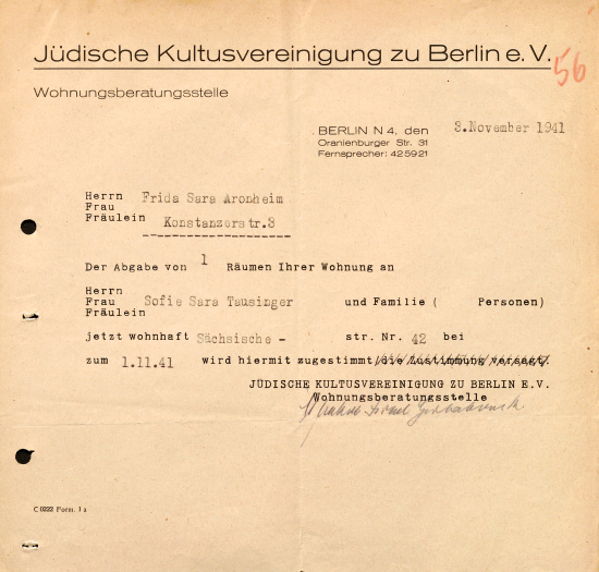 Genehmigung der Wohnungsberatungsstelle der „Jüdischen Kultusvereinigung zu Berlin e. V.“ für die Untervermietung eines Zimmers an Sofie Tausinger, 8. November 1941. Quelle: BLHA, Rep 36A (II) Nr. 1104