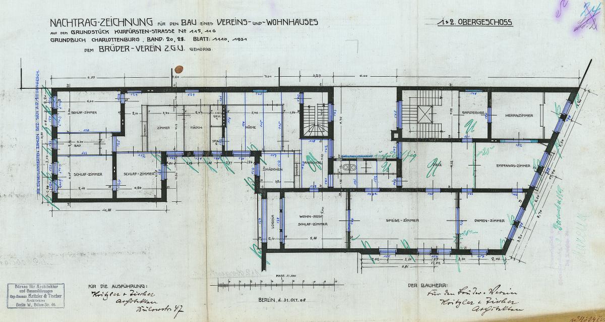 Ground plan of the 10-room-apartment on the 3rd floor of the residential building at Kurfürstenstraße 116, around 1908