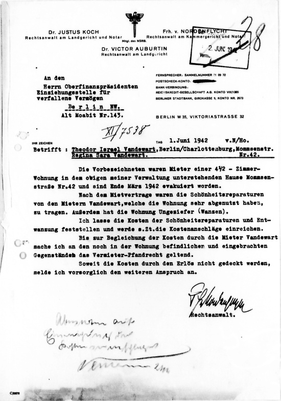 Schreiben des Rechtsanwalts an den Oberfinanzpräsidenten, Einziehungsstelle für verfallene Vermögen, 1. Juni 1942. Quelle: BLHA, Rep. 36A (II) Nr. 38580  