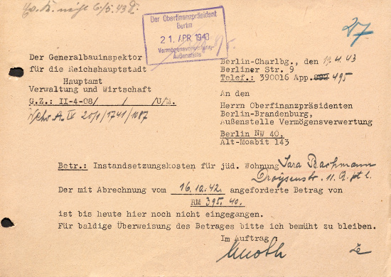 Forderung der Instandsetzungskosten für die Droysenstraße 11, 19. April 1943. Quelle: BLHA, Rep. 36A (II) Nr. 1546