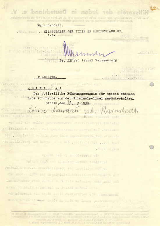 Gesuch um Ausreise von John Landau durch seine Frau Luise Landau, 24. März 1939. Quelle: Strafakten der Staatlichen Kriminalpolizei, Kriminalpolizeileitstelle Berlin, Landesarchiv Berlin, A Pr. Br. Rep. 030  