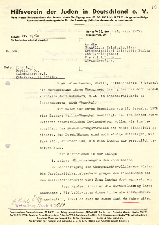 Gesuch um Ausreise von John Landau durch seine Frau Luise Landau, 24. März 1939. Quelle: Strafakten der Staatlichen Kriminalpolizei, Kriminalpolizeileitstelle Berlin, Landesarchiv Berlin, A Pr. Br. Rep. 030  
