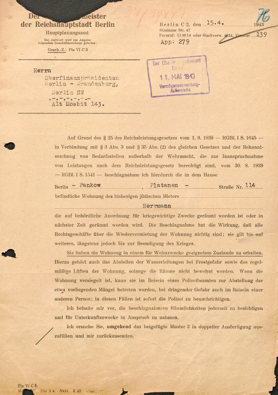 Mit diesem Schreiben des Bürgermeisters von Berlin an den Oberfinanzpräsidenten von Berlin-Brandenburg wurde die Villa in der Platanenstraße 114 für „kriegswichtige Zwecke“ beschlagnahmt, 15. April 1943. Quelle: BLHA, Rep. 36A (II) Nr. 14627