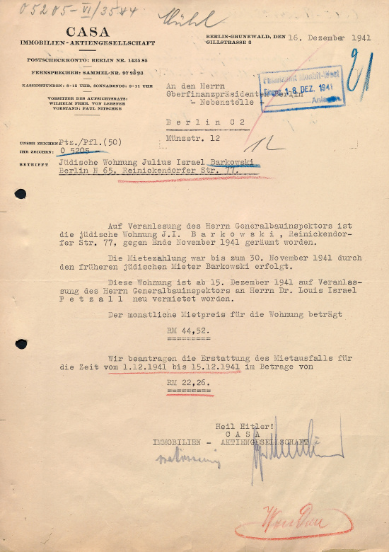 Letter from CASA real estate company to the Chief of Finance, December 16, 1941. Source: BLHA, 36A (II) No. 1884