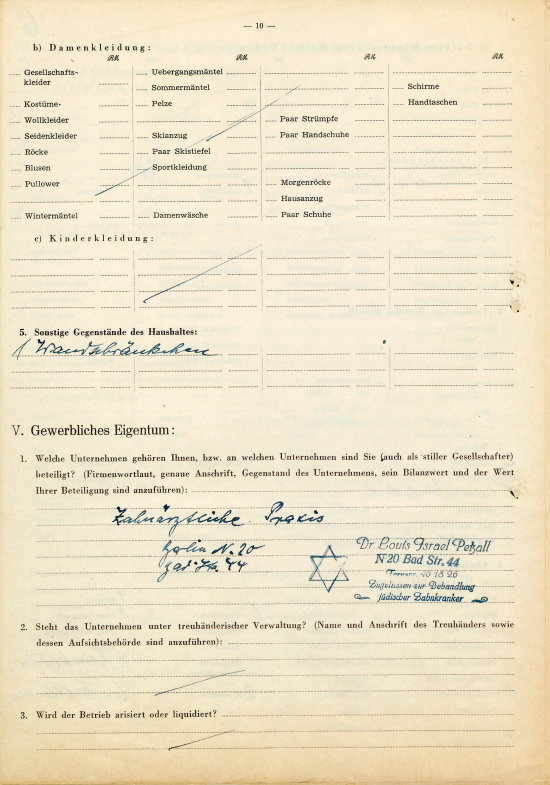 Louis Petzall’s business stamp, marking his practice as Jewish, October 13, 1942. Source: BLHA, 36A (II) No. 29454