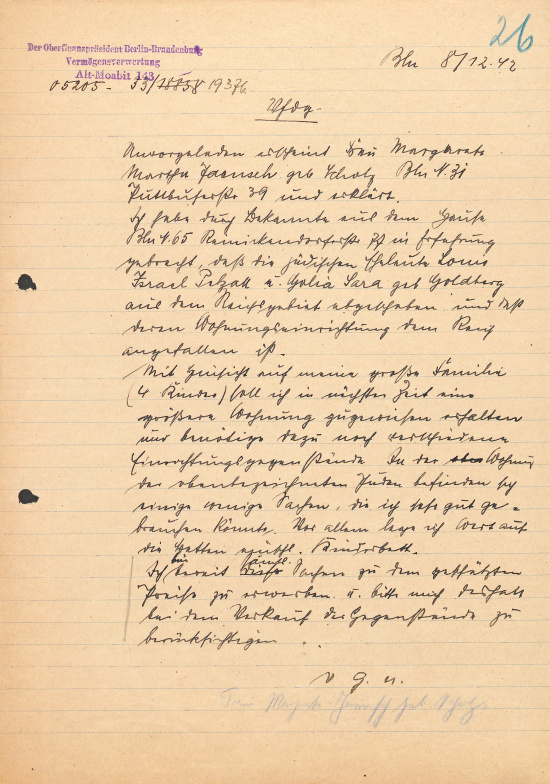 Letter from an acquaintance of the building’s residents to the Chief of Finance, December 8, 1942. Source: BLHA, 36A (II) No. 29454