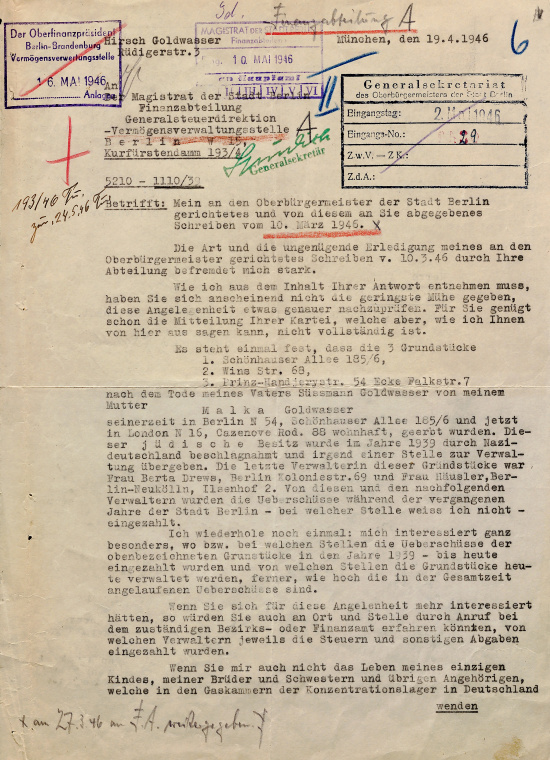 Schreiben von Hermann Goldwasser an die Finanzabteilung des Magistrats der Stadt Berlin, 19. April 1946. Quelle: BLHA, Rep. 36A (II) Nr. 12123