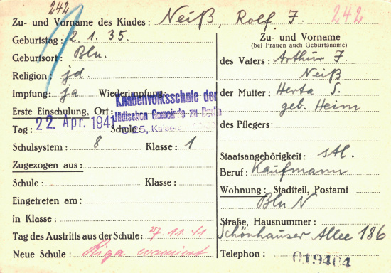 Schulkarte Rolf Neiß, 1941. Quelle: 1.2.4/12667155/ITS Digital Archives, Arolsen Archives