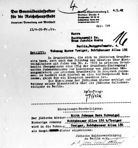 Einweisungsbescheinigung des Generalbauinspektors für Edith Schweigel, 4. Mai 1942. Quelle: BLHA, Rep. 36A (II) Nr. 3505