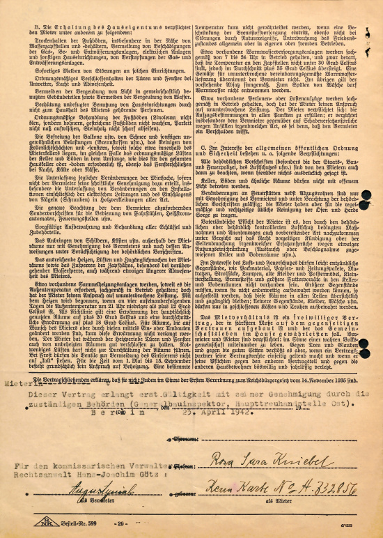 Mietvertrag von Rosa Kniebel, 23. April 1942. Darin ist vermerkt, dass der Vertrag vom Generalbauinspektor (GBI) genehmigt werden muss. Quelle: BLHA, Rep. 36A (II) Nr. 19636