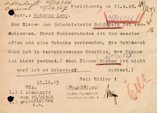 Betr.: Wohnung Levy, Schreiben des neuen, nichtjüdischen Hausbesitzers Alfred Mätzner an den Oberfinanzpräsidenten, 11. April 1943. Quelle: BLHA, Rep. 36A (II) Nr. 12062