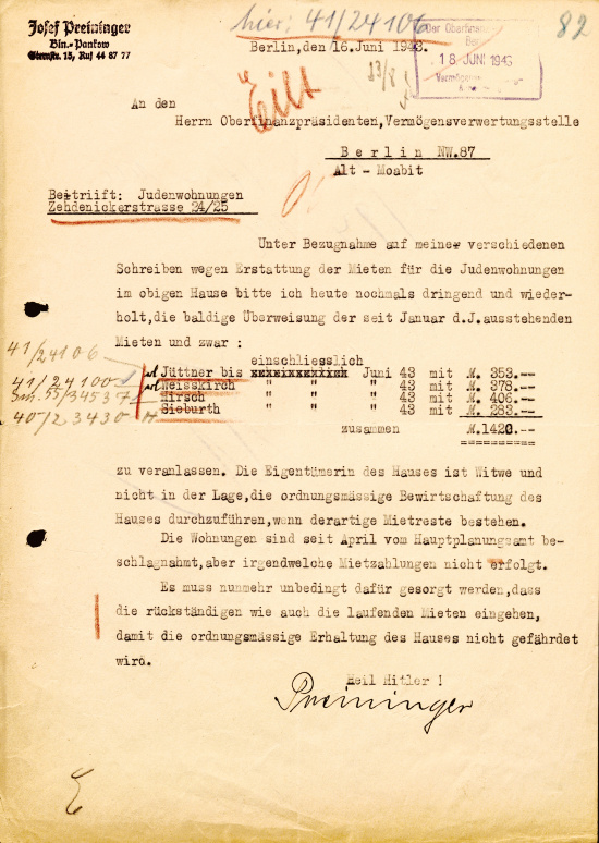 Schreiben der Hausverwaltung Preininger an die Vermögensverwertungsstelle des Oberfinanzpräsidenten, 16. Juni 1943. Quelle: BLHA, Rep. 36A (II) Nr. 17943