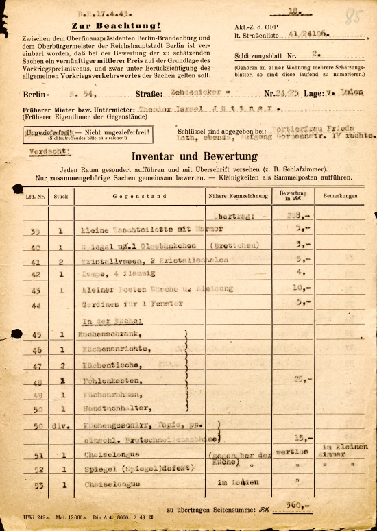 Bewertungsbogen des Gerichtsvollziehers zum hinterlassenen Eigentum der Familie Jüttner, 17. April 1943. Quelle: BLHA, Rep. 36A (II) Nr. 17943